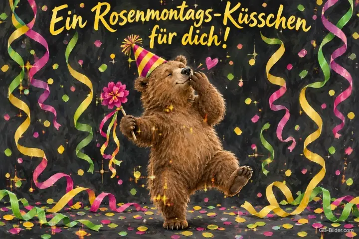 Bär mit Partyhut tanzt mit Blume zwischen Luftschlangen, Text: Ein Rosenmontags-Küsschen für dich! Bär mit Partyhut tanzt mit Blume zwischen Luftschlangen, Text: Ein Rosenmontags-Küsschen für dich!