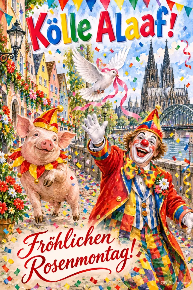 Clown und Schwein mit Narrenkappen feiern vor dem Kölner Dom, Text: Kölle Alaaf! – Fröhlichen Rosenmontag!