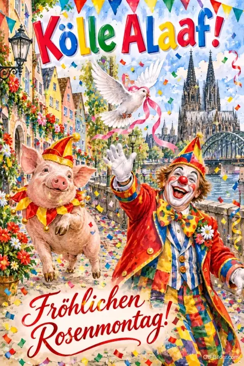 Clown und Schwein mit Narrenkappen feiern vor dem Kölner Dom, Text: Kölle Alaaf! – Fröhlichen Rosenmontag! Clown und Schwein mit Narrenkappen feiern vor dem Kölner Dom, Text: Kölle Alaaf! – Fröhlichen Rosenmontag!