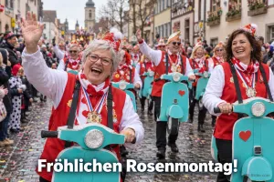 Lachende Narren in Rot-Weiß fahren auf Motorrollern durch die Altstadt, Text: Fröhlichen Rosenmontag!