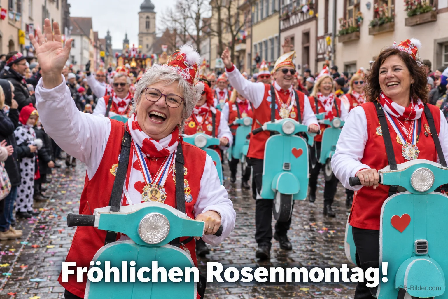 Lachende Narren in Rot-Weiß fahren auf Motorrollern durch die Altstadt, Text: Fröhlichen Rosenmontag! Lachende Narren in Rot-Weiß fahren auf Motorrollern durch die Altstadt, Text: Fröhlichen Rosenmontag!