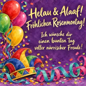 Narrenkappe, Luftballons, Luftschlangen und Konfetti, Text: Helau & Alaaf! – Fröhlichen Rosenmontag! Ich wünsche dir einen bunten Tag voller närrischer Freude!