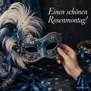 Hand hält eine blaue venezianische Maske mit Federn, Text: Einen schönen Rosenmontag!