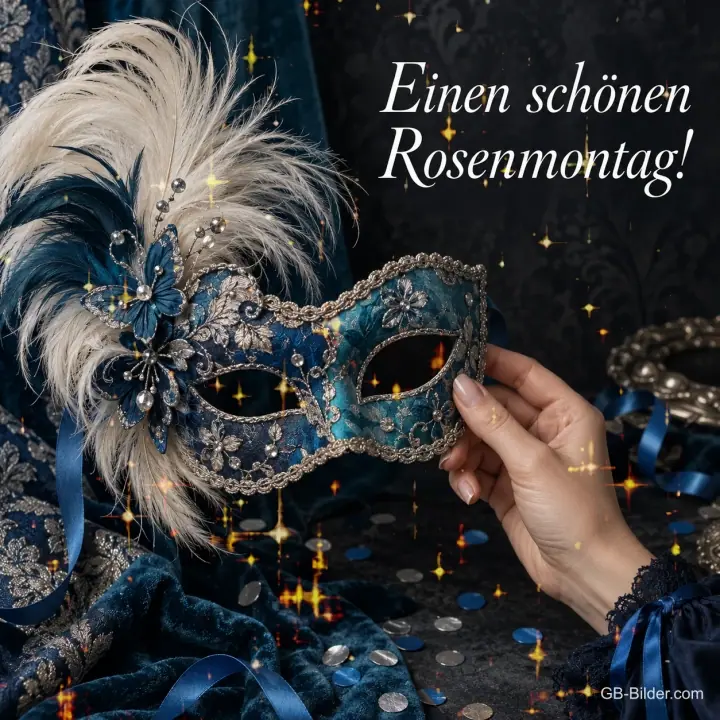 Hand hält eine blaue venezianische Maske mit Federn, Text: Einen schönen Rosenmontag! Hand hält eine blaue venezianische Maske mit Federn, Text: Einen schönen Rosenmontag!