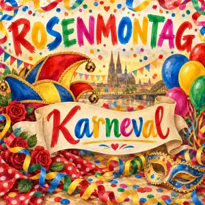Narrenkappe, Luftballons und Masken vor dem Kölner Dom, Text: ROSENMONTAG – Karneval