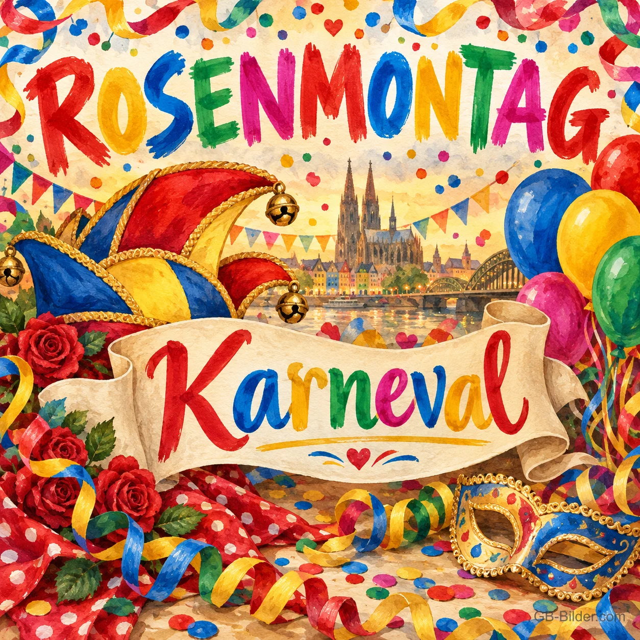 Narrenkappe, Luftballons und Masken vor dem Kölner Dom, Text: ROSENMONTAG – Karneval Narrenkappe, Luftballons und Masken vor dem Kölner Dom, Text: ROSENMONTAG – Karneval