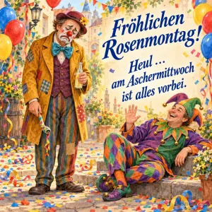 Trauriger Clown und lachender Narr zwischen Konfetti, Text: Fröhlichen Rosenmontag! – Heul … am Aschermittwoch ist alles vorbei.