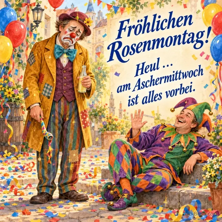 Trauriger Clown und lachender Narr zwischen Konfetti, Text: Fröhlichen Rosenmontag! – Heul … am Aschermittwoch ist alles vorbei. Trauriger Clown und lachender Narr zwischen Konfetti, Text: Fröhlichen Rosenmontag! – Heul … am Aschermittwoch ist alles vorbei.