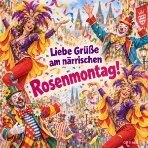 Tänzerinnen in Federkostümen und Clowns feiern vor dem Kölner Dom, Text: Liebe Grüße am närrischen – Rosenmontag!