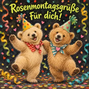 Zwei Bärenjunge mit Partyhüten tanzen im Konfetti, Text: Rosenmontagsgrüße – für dich!