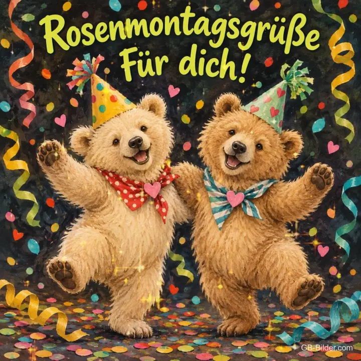 Zwei Bärenjunge mit Partyhüten tanzen im Konfetti, Text: Rosenmontagsgrüße – für dich! Zwei Bärenjunge mit Partyhüten tanzen im Konfetti, Text: Rosenmontagsgrüße – für dich!