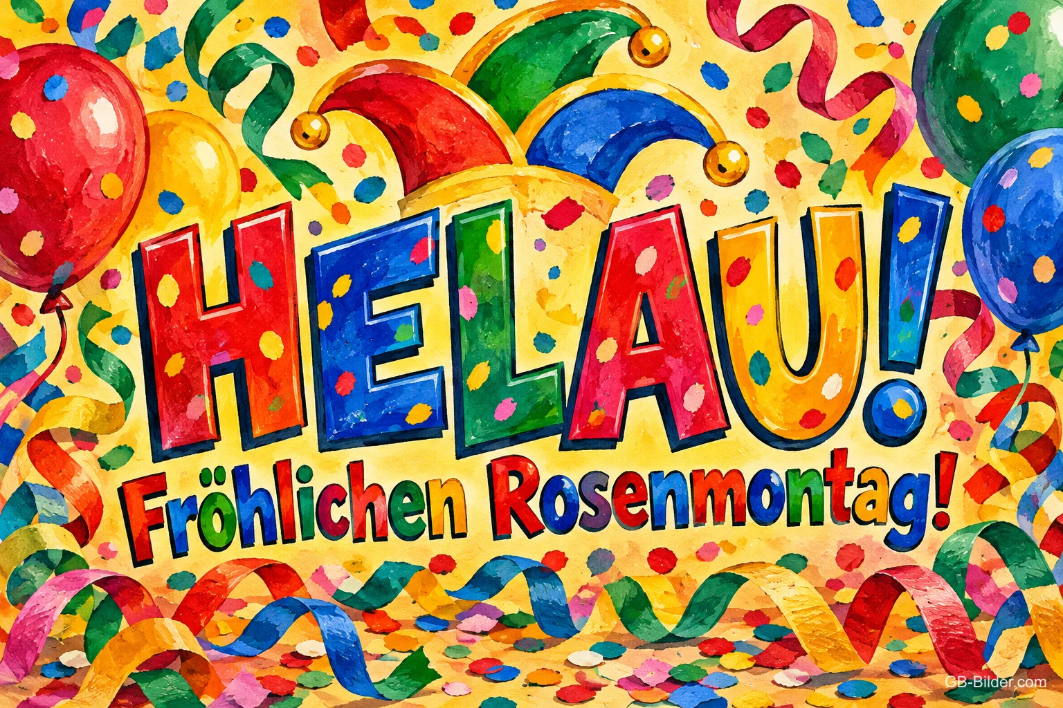Bunte Schrift zwischen Luftballons, Narrenkappen und Luftschlangen, Text: HELAU! – Fröhlichen Rosenmontag! Bunte Schrift zwischen Luftballons, Narrenkappen und Luftschlangen, Text: HELAU! – Fröhlichen Rosenmontag!