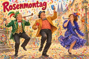 Drei kostümierte Narren tanzen mit Tröten durch eine Altstadt voller Konfetti, Text: Rosenmontag