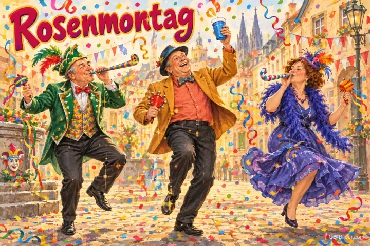 Drei kostümierte Narren tanzen mit Tröten durch eine Altstadt voller Konfetti, Text: Rosenmontag Drei kostümierte Narren tanzen mit Tröten durch eine Altstadt voller Konfetti, Text: Rosenmontag