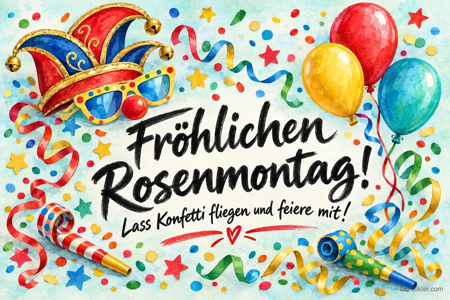 Narrenkappe, Luftballons und Konfetti, Text: Fröhlichen Rosenmontag! – Lass Konfetti fliegen und feiere mit! Narrenkappe, Luftballons und Konfetti, Text: Fröhlichen Rosenmontag! – Lass Konfetti fliegen und feiere mit!