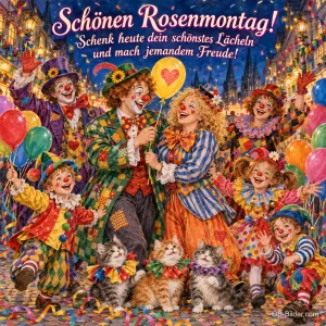 Lachende Clowns, Kinder und Kätzchen feiern mit Luftballons, Text: Schönen Rosenmontag! – Schenk heute dein schönstes Lächeln und mach jemandem Freude!