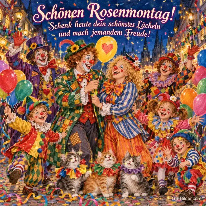 Lachende Clowns, Kinder und Kätzchen feiern mit Luftballons, Text: Schönen Rosenmontag! – Schenk heute dein schönstes Lächeln und mach jemandem Freude! Lachende Clowns, Kinder und Kätzchen feiern mit Luftballons, Text: Schönen Rosenmontag! – Schenk heute dein schönstes Lächeln und mach jemandem Freude!
