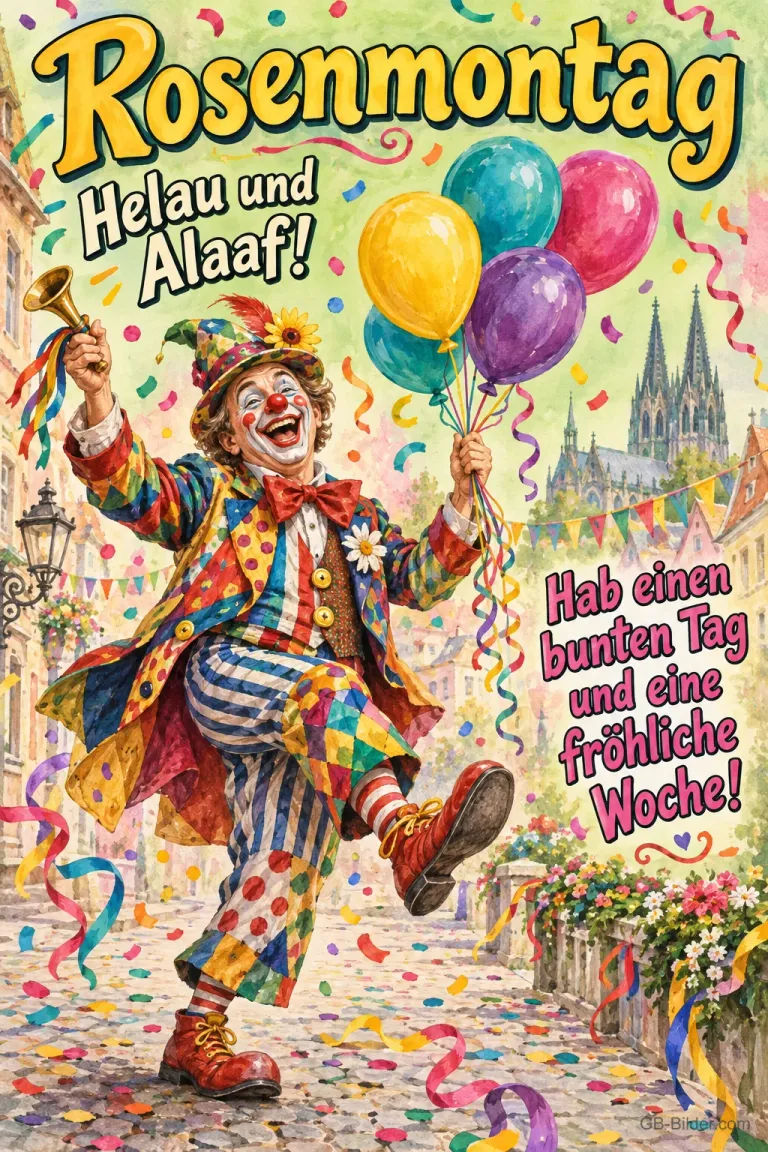 Clown mit Luftballons und Trompete tanzt vor dem Kölner Dom, Text: Rosenmontag – Helau und Alaaf! Hab einen bunten Tag und eine fröhliche Woche!