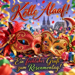 Venezianische Masken und Luftschlangen vor dem Kölner Dom, Text: Kölle Alaaf! – Ein fröhlicher Gruß zum Rosenmontag!