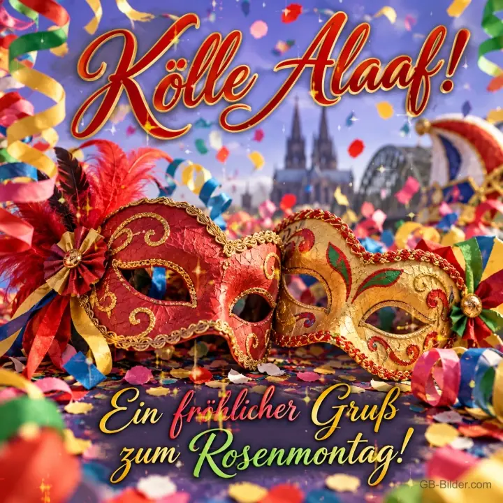 Venezianische Masken und Luftschlangen vor dem Kölner Dom, Text: Kölle Alaaf! – Ein fröhlicher Gruß zum Rosenmontag! Venezianische Masken und Luftschlangen vor dem Kölner Dom, Text: Kölle Alaaf! – Ein fröhlicher Gruß zum Rosenmontag!