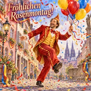 Narr im roten Kostüm mit Luftballons tanzt vor dem Kölner Dom, Text: Fröhlichen Rosenmontag!