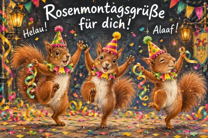 Drei Eichhörnchen mit Partyhüten tanzen im Konfetti, Text: Rosenmontagsgrüße für dich! – Helau! Alaaf! Drei Eichhörnchen mit Partyhüten tanzen im Konfetti, Text: Rosenmontagsgrüße für dich! – Helau! Alaaf!