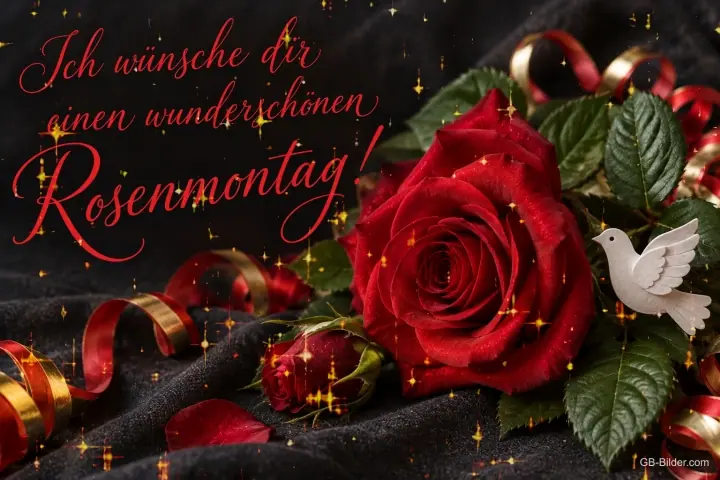 Rote Rose mit weißer Taube und Luftschlangen, Text: Ich wünsche dir einen – wunderschönen Rosenmontag! Rote Rose mit weißer Taube und Luftschlangen, Text: Ich wünsche dir einen – wunderschönen Rosenmontag!