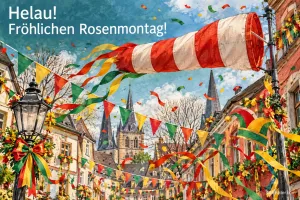 Rot-weißer Windsack und bunte Wimpel über einer Altstadt mit Konfetti, Text: Helau! – Fröhlichen Rosenmontag!
