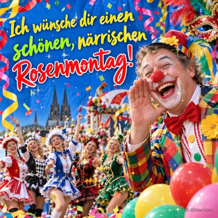 Lachender Clown ruft vor einem Karnevalszug mit Tänzerinnen und dem Kölner Dom, Text: Ich wünsche dir einen schönen, närrischen – Rosenmontag! Lachender Clown ruft vor einem Karnevalszug mit Tänzerinnen und dem Kölner Dom, Text: Ich wünsche dir einen schönen, närrischen – Rosenmontag!