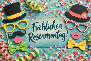 Hüte, Brillen und Bärte aus Papier zwischen Konfetti, Text: Fröhlichen Rosenmontag!