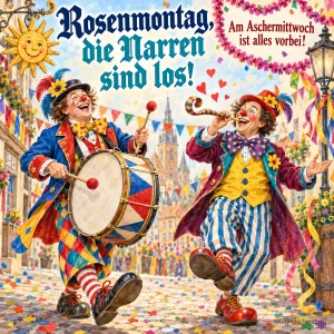Zwei Clowns mit Trommel und Tröte in einer Altstadt, Text: Rosenmontag, die Narren sind los! – Am Aschermittwoch ist alles vorbei!
