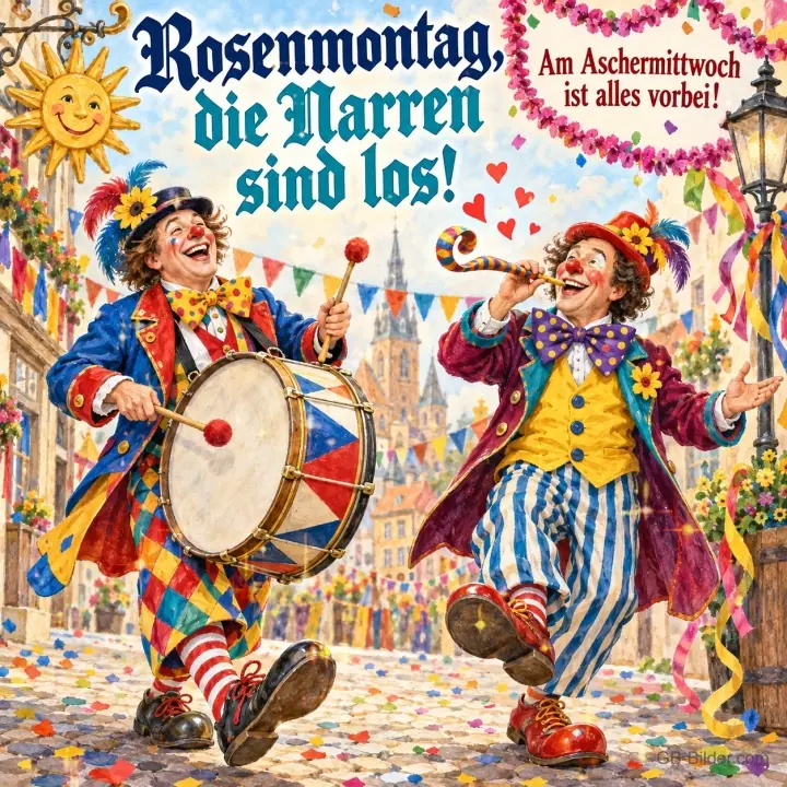 Zwei Clowns mit Trommel und Tröte in einer Altstadt, Text: Rosenmontag, die Narren sind los! – Am Aschermittwoch ist alles vorbei! Zwei Clowns mit Trommel und Tröte in einer Altstadt, Text: Rosenmontag, die Narren sind los! – Am Aschermittwoch ist alles vorbei!