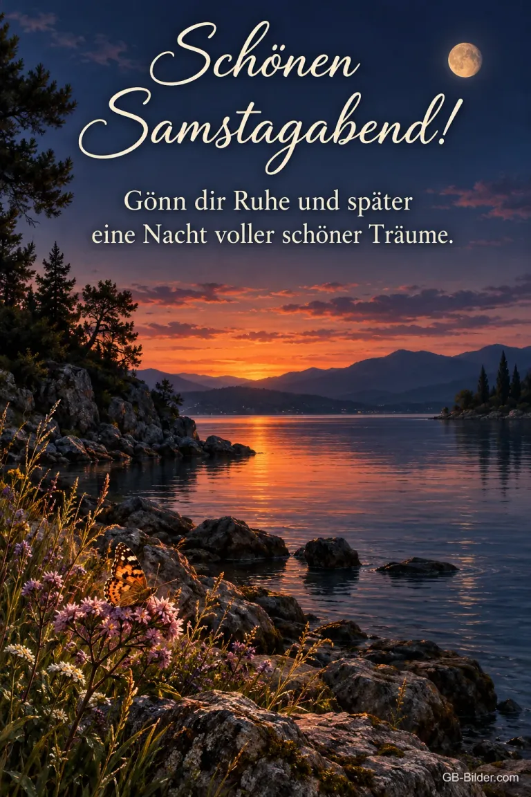 Felsige Seeküste im Sonnenuntergang mit Mond, Text: Schönen Samstagabend! – Gönn dir Ruhe und später eine Nacht voller schöner Träume.