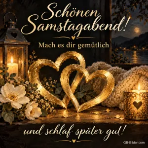 Zwei goldene Herzen zwischen Kerzen und Rosen, Text: Schönen Samstagabend! – Mach es dir gemütlich und schlaf später gut!