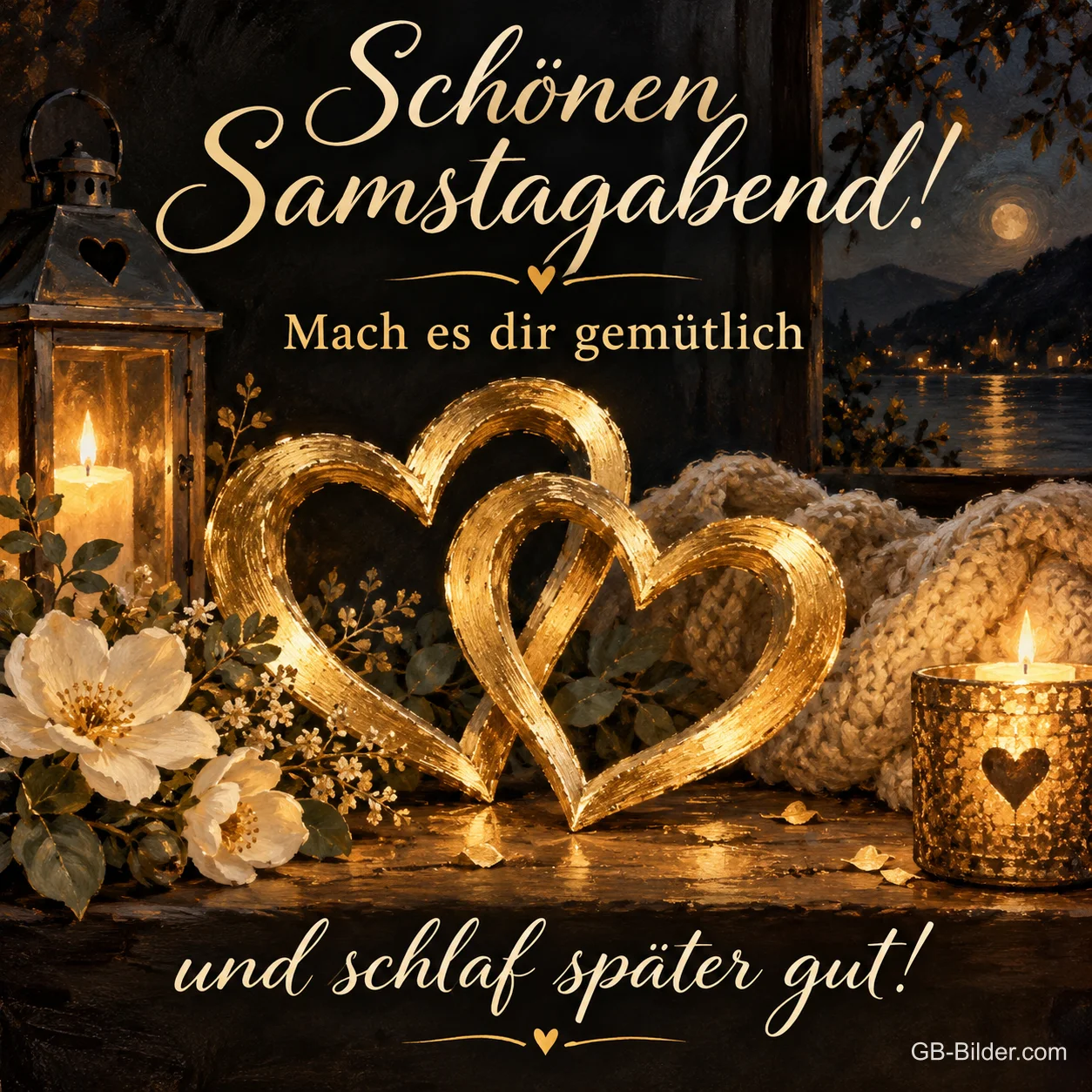 Zwei goldene Herzen zwischen Kerzen und Rosen, Text: Schönen Samstagabend! – Mach es dir gemütlich und schlaf später gut!