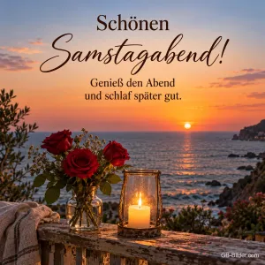 Rote Rosen und Windlicht über dem Meer bei Sonnenuntergang, Text: Schönen Samstagabend! – Genieß den Abend und schlaf später gut.