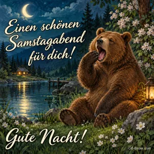 Bär gähnt herzhaft am nächtlichen See, Text: Einen schönen Samstagabend für dich! – Gute Nacht!