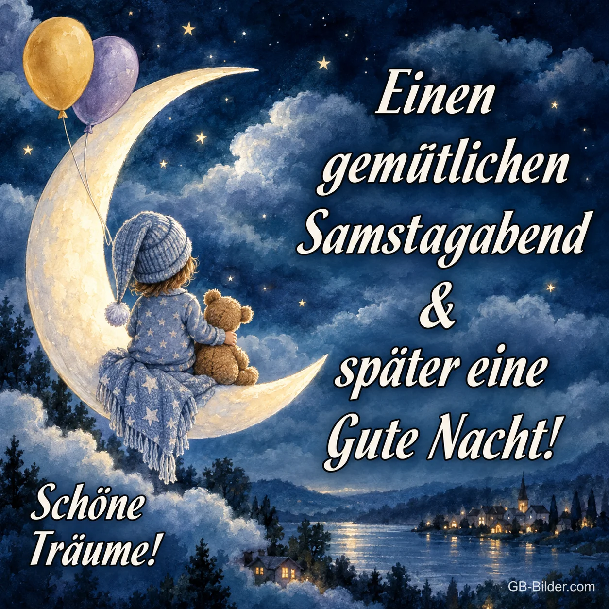 Kind mit Teddy auf der Mondsichel, Text: Einen gemütlichen Samstagabend & später eine Gute Nacht Kind mit Teddy auf der Mondsichel, Text: Einen gemütlichen Samstagabend & später eine Gute Nacht
