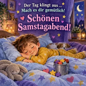 Junge schläft mit Hund und Stoffhase im Sternenbett, Text: Der Tag klingt aus … Mach es dir gemütlich! – Schönen Samstagabend!