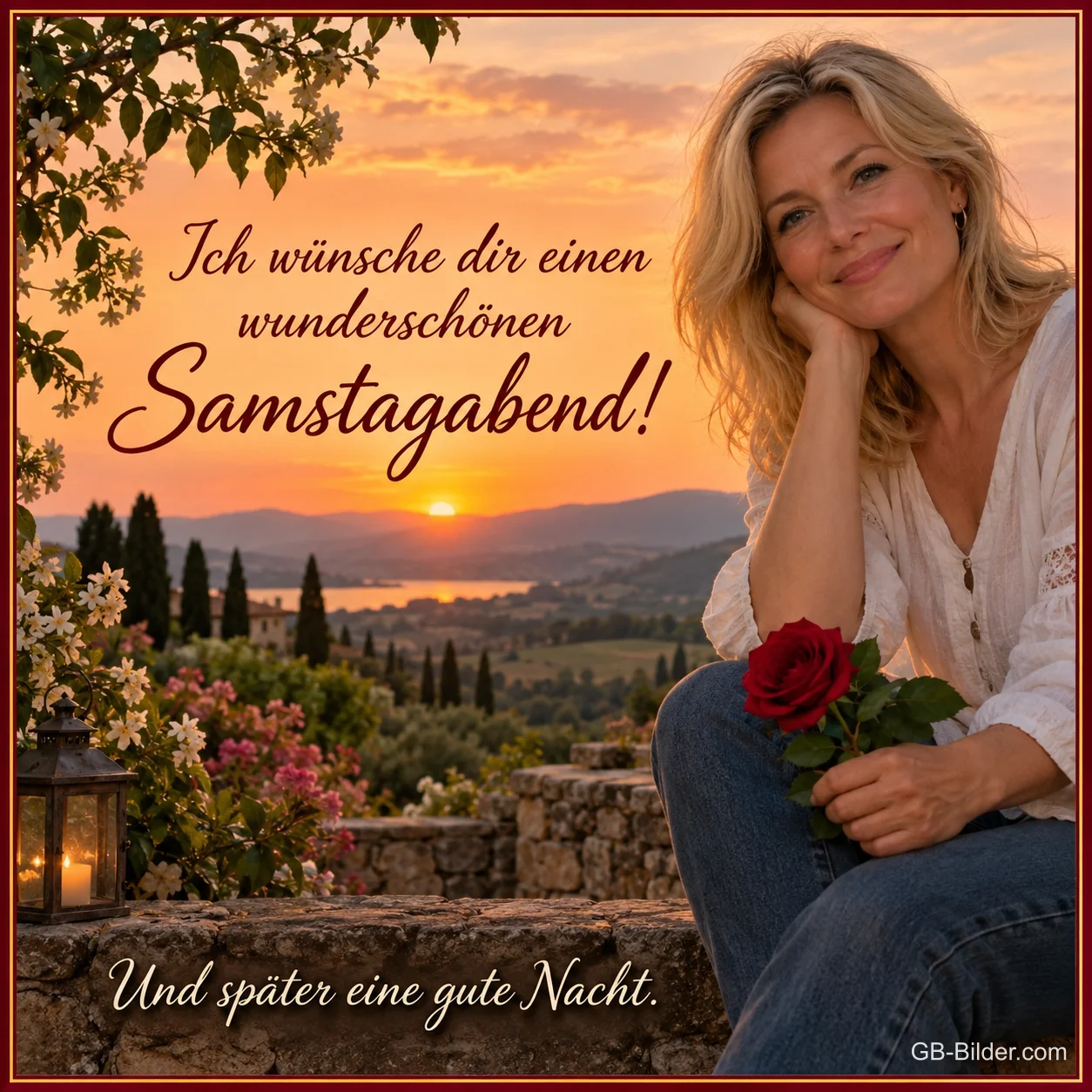 Lächelnde Frau mit Rose im Abendlicht über einer Landschaft, Text: Ich wünsche dir einen wunderschönen Samstagabend! – Und später eine gute Nacht.