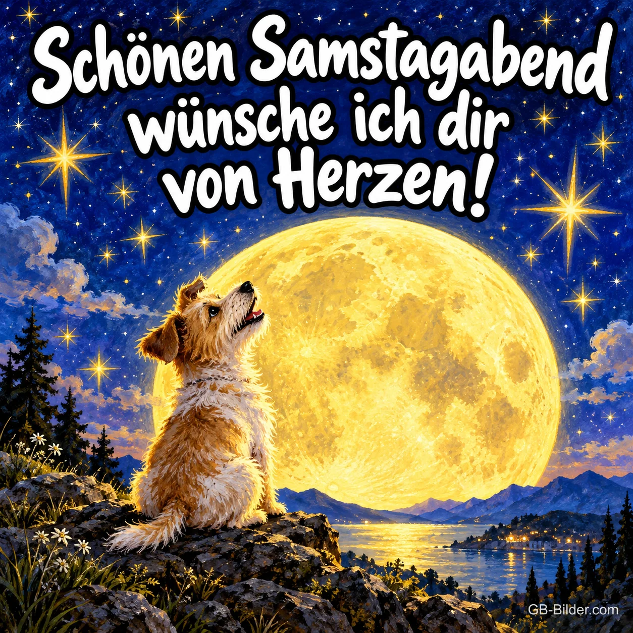Kleiner Hund sitzt auf einem Felsen und schaut zum riesigen Vollmond, Text: Schönen Samstagabend wünsche ich dir von Herzen!