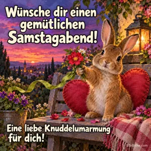 Hase mit Blumenstrauß neben einem roten Herzkissen, Text: Wünsche dir einen gemütlichen Samstagabend! – Eine liebe Knuddelumarmung für dich!