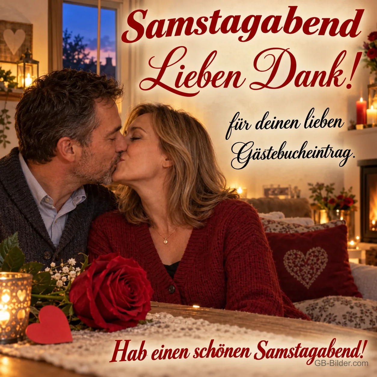 Paar küsst sich bei Kerzenlicht mit roter Rose, Text: Samstagabend – Lieben Dank! – für deinen lieben Gästebucheintrag. Hab einen schönen Samstagabend!