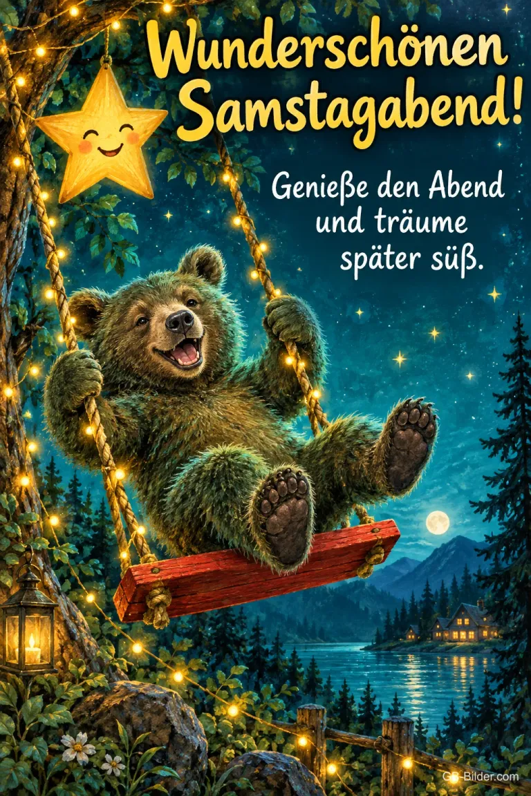 Bär schaukelt lachend unter Lichterketten, ein lächelnder Stern hängt darüber, Text: Wunderschönen Samstagabend! Genieße den Abend und träume später süß.
