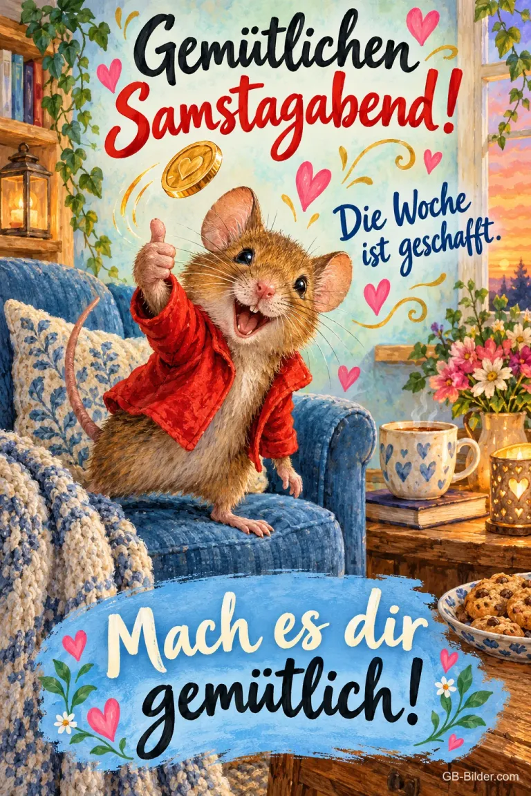 Maus in roter Jacke zeigt Daumen hoch auf einem gemütlichen Sofa, Text: Gemütlichen Samstagabend! Die Woche ist geschafft. Mach es dir gemütlich!