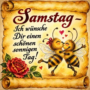 Zwei Bienen geben sich ein Küsschen vor einer Schriftrolle mit Rose, Text: Samstag – Ich wünsche Dir einen schönen sonnigen Tag!