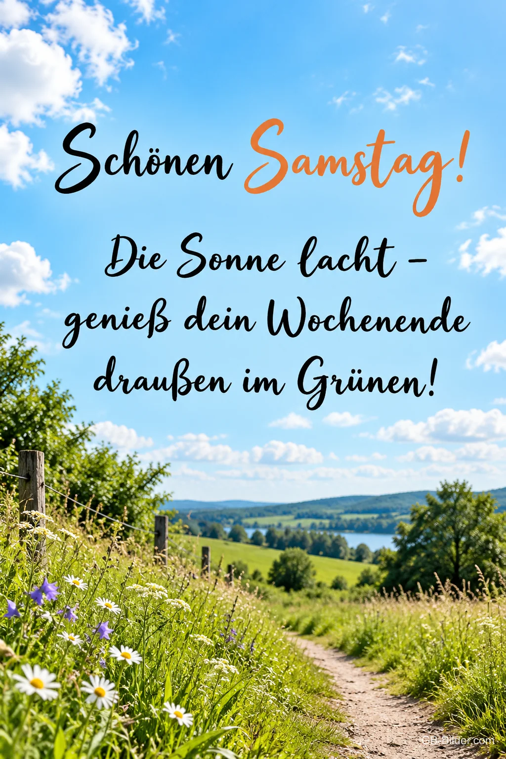 Feldweg durch eine sommerliche Wiese mit Blick auf einen See, Text: Schönen Samstag! – Die Sonne lacht – genieß dein Wochenende draußen im Grünen!