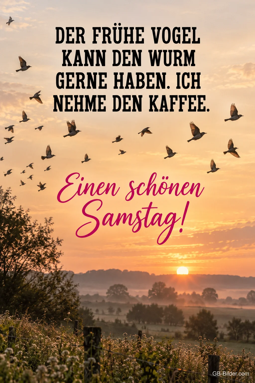 Vogelschwarm über einer Landschaft bei Sonnenaufgang, Text: Der frühe Vogel kann den Wurm gerne haben. Ich nehme den Kaffee. – Einen schönen Samstag!