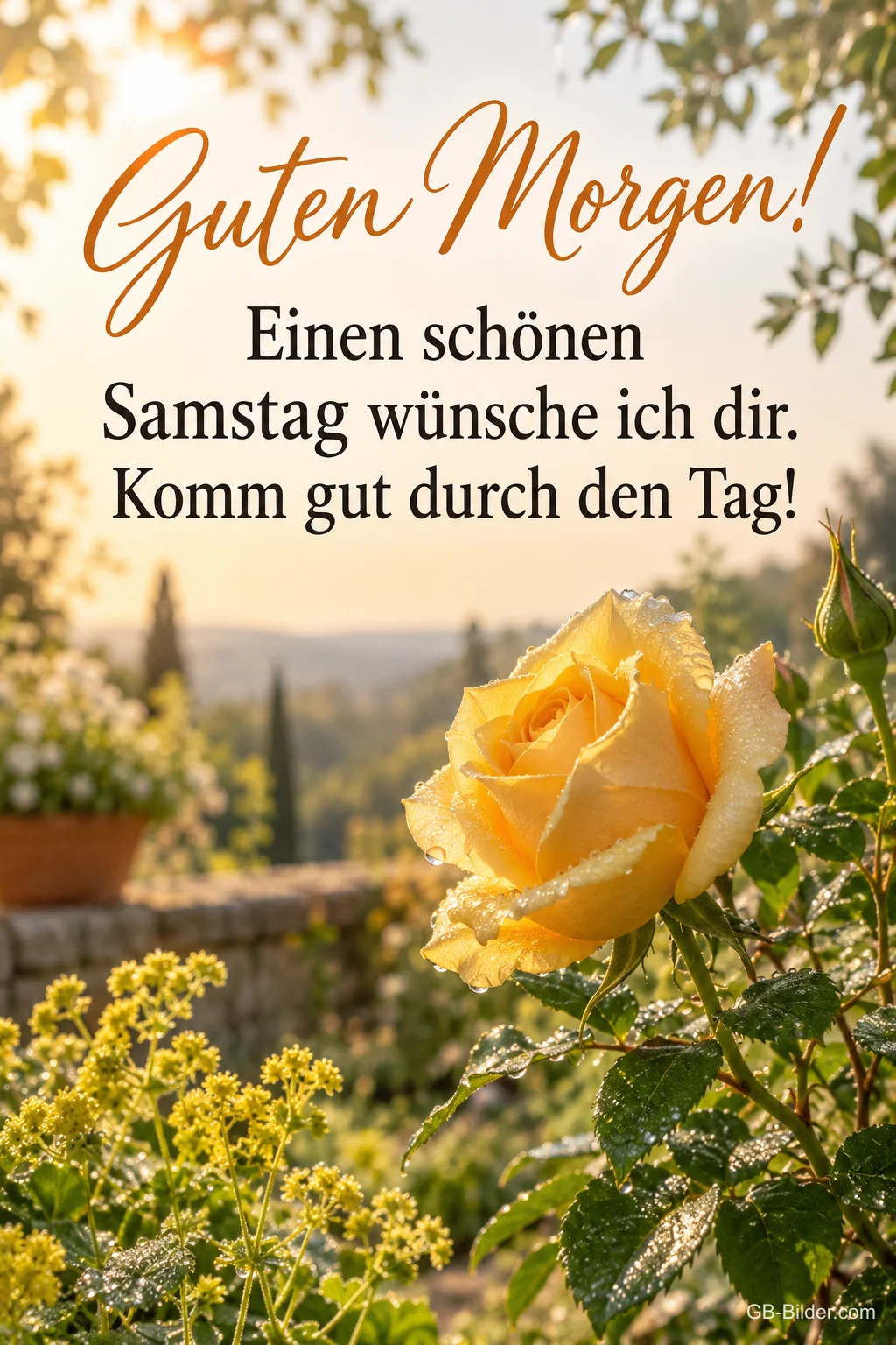 Gelbe Rose mit Tautropfen im Morgenlicht, Text: Guten Morgen! – Einen schönen Samstag wünsche ich dir. Komm gut durch den Tag!