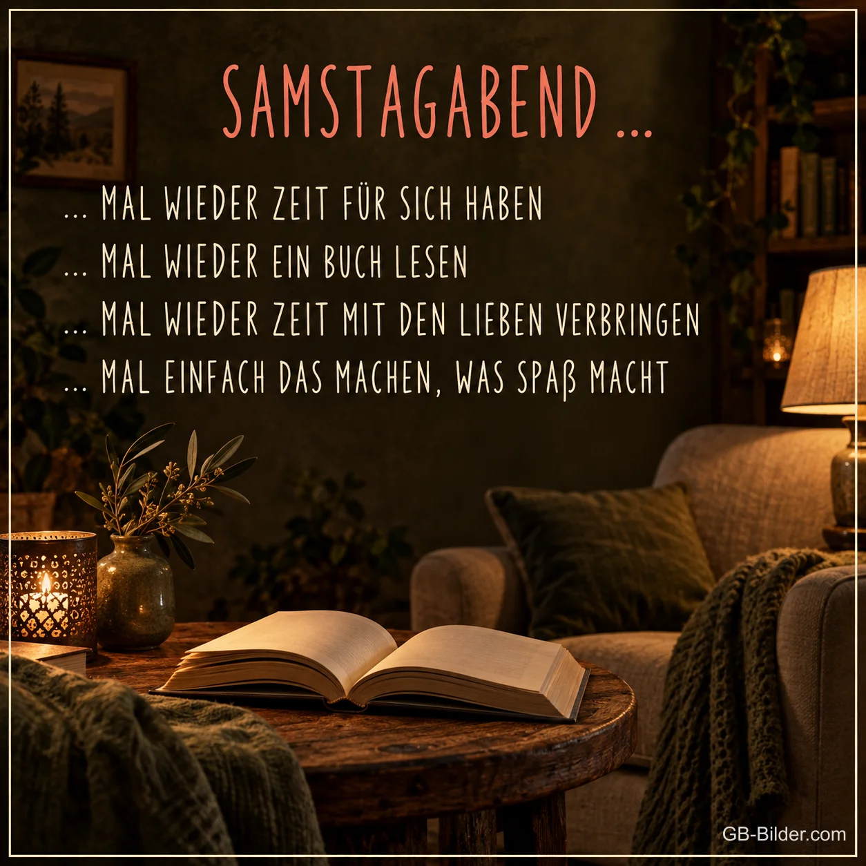 Offenes Buch im Wohnzimmer, Text: SAMSTAGABEND